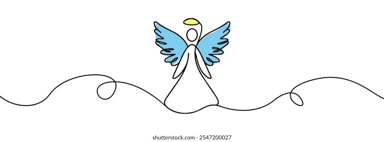 Simples um desenho de linha contínua do anjo de Natal. Natal anjo linha arte .Natal e símbolos de religião isolados no branco. Silhueta de trombetas de anjo