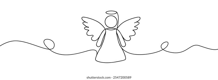 Simples um desenho de linha contínua do anjo de Natal. Natal anjo linha arte .Natal e símbolos de religião isolados no branco. Silhueta de trombetas de anjo