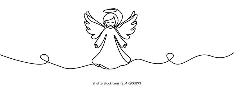 Simples um desenho de linha contínua do anjo de Natal. Natal anjo linha arte .Natal e símbolos de religião isolados no branco. Silhueta de trombetas de anjo