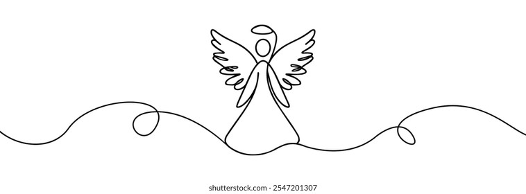 Simple one continuous line drawing of christmas angel. Christmas angel line art .Christmas and religion symbols isolated on white. Angel trumpets silhouette