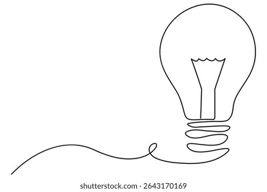 Simple one line art drawing of light bulb symbol with clean modern vector outline isolated on white background
