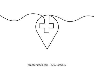 Simple one line art location pin ecg and medical cross continuous drawing
