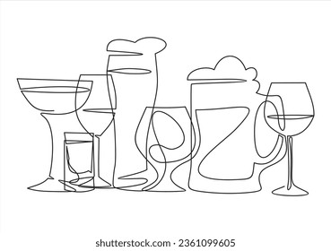 Simple one line cocktail glasses. Continuous lines wine, martini, summer drink glass. Vector drinks, bar alcoholic and nonalcoholic beverages