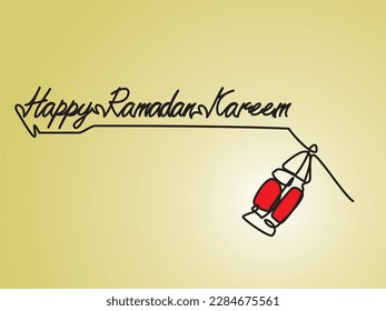 Simple one line drawaing of red lantern and Happy Ramadan Kareem text on linear background. Vector illustration of line art lantern ramadhan.