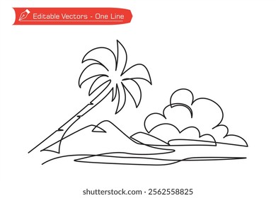 Simple one line drawing of beach, mountain, coconut tree and cloud. Vector illustration of continuous one line drawing of beach as symbol, icon, symbol of sea tourism. Single line drawing of beach.