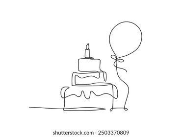 Einfache einzeilige Zeichnung eines Geburtstagskuchens mit Ballons. Minimalistisches Design für Feier-Banner.