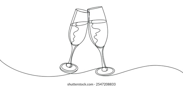 Simple one line drawing of champagne glasses. Festive outline glasses. Clinking glasses for Christmas, New Year, birthday and other holidays