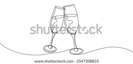Simple one line drawing of champagne glasses. Festive outline glasses. Clinking glasses for Christmas, New Year, birthday and other holidays