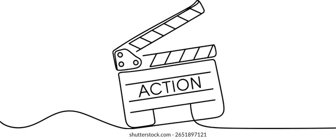Simple One Line Drawing of a Clapperboard with Action Label – Symbol of Movie Direction, Filming, and Creative Storytelling
