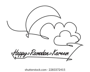 
Simple one line drawing crescent moon   clouds for night scene white background and the theme Happy Ramadan Kareem  Vector illustration continuous ramadan icon 