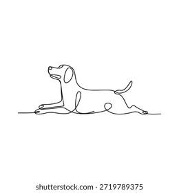 Simple dibujo de una línea de un perro en una pose estirada juguetona