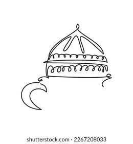 Simple one line drawing of Dome and moon crescent. Vector illustration of Dome and moon crescent for icon, symbol, logo ramadan, eid, hajj, umrah. Ramadan Line Icon. Eid Line Icon. Ramadhan Symbol.