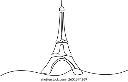 Desenho simples de uma linha da Torre Eiffel - Icônico marco de Paris em estilo de contorno minimalista elegante