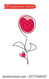 Simple one line drawing of heart flower, leaves, balloons, candy in doodle style full color. Vector illustration of continuous line drawing of heart flower for decoration and celebration of fun moment