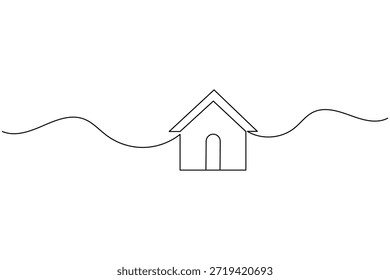 Simple dibujo de una línea de una casa con líneas onduladas sobre un fondo blanco