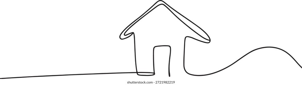 Simple one line drawing of a house with a pointed roof and a door