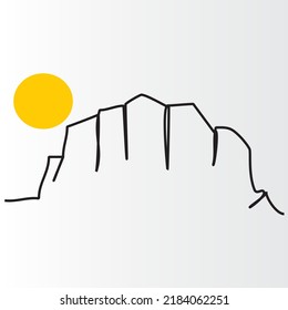 Simple one line drawing of impregnable peaks. Mountain peak, rocky inaccessible rock. Hand drawn Mountains sketch landscape with hills, and sunnies . Line design. Vector illustration. Cards. Poster.