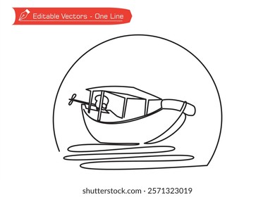 Simple one line drawing of motorized passenger boat on water with sun moon frame. Vector illustration of hand drawn roofed passenger boat as beach scenery icon for tourism, sun full moon background