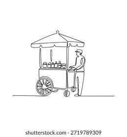 Simple one line drawing of a street vendor and his food cart