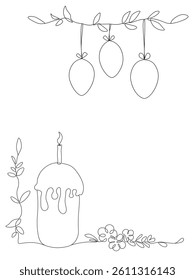 Simple one line drawing of traditional Easter cake with lit candle and eggs
