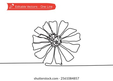 Simple one line drawing of zinnia flower. Vector illustration of elegant zinnia flower continuous one line drawing top view for icon, symbol, logo. Single line zinnia flower for embroidery, printing.