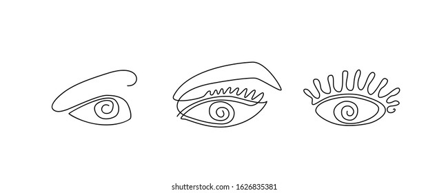 Simple One Line Eye Icon Isolated On White Background. Continuous Drawing Ophthalmologist Logo. Human Eyes Made With Single Lines. Eyeball Creativity Drawing Vector Illustration Collection