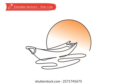 Simple one line hand drawn boat on water with full moon or sun background. Vector illustration of continuous one line drawing of boat on water and sun moon as symbol of river, beach, estuary adventure