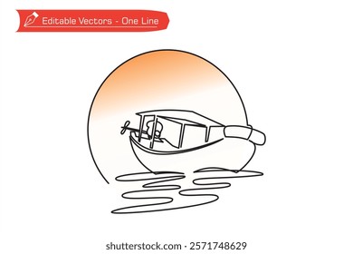 Simple one line hand drawn illustration of motorized passenger boat on water with full moon or sun background. Vector illustration of one continuous line drawing of roofed boat on water, river, beach.