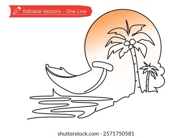 Simple one line hand drawn boat on water, coconut tree and sun or full moon as beach scenery symbol. Vector illustration of one continuous line drawing of boat, coconut tree on beach, full moon or sun