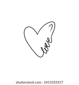 Simple one line heart with the word love inside in black isolated on white. Continuous line concept, happy Saint Valentine's day. Hand drawn vector sketch illustration in doodle outline, line art.