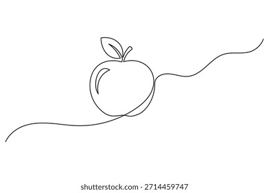 Simple one line illustration of an apple with stem and leaf on wavy line background