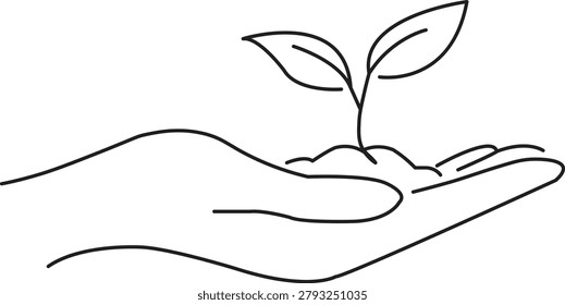 Simple one line illustration of a hand nurturing a young plant with leaves