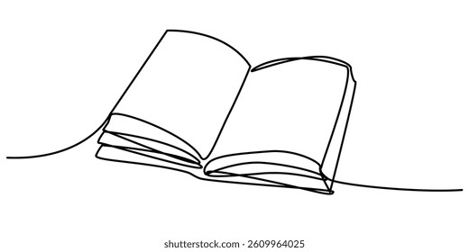Simple one line illustration of an open book. Minimalist black continuous line art perfect for education, reading, literature or academic design projects on white background