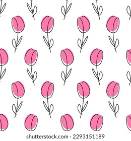 Simple one line style flowers. Modern seamless pattern.