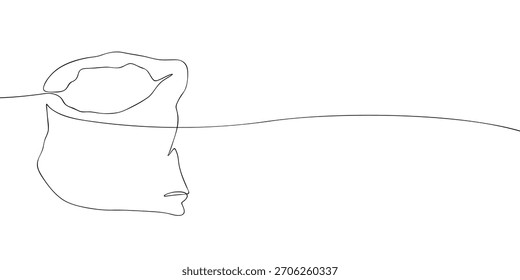 Desenho vetor de uma linha simples de um saco aberto em um fundo branco com uma linha curva longa, adequado para design minimalista ou temas de embalagem.