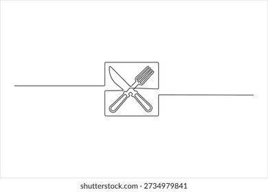 Simple one-line art of a knife and fork inside a soft square outline. Minimalist black-and-white icon for restaurant branding or menu design.