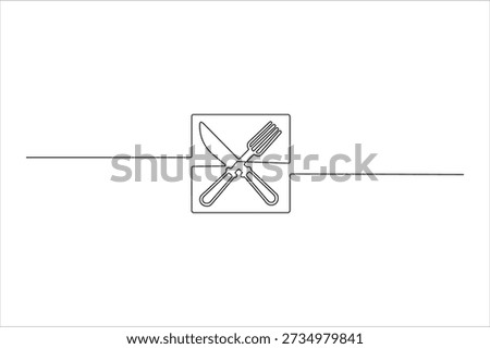 Simple one-line art of a knife and fork inside a soft square outline. Minimalist black-and-white icon for restaurant branding or menu design.