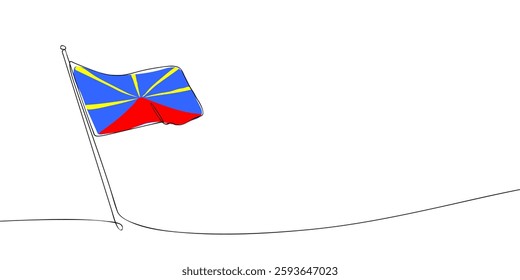 Simple one-line drawing of an abstract flag with blue, red, and yellow elements waving on a pole, featuring a minimalist style.  
