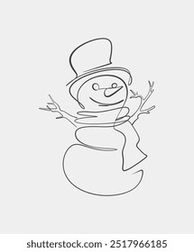 Um simples desenho de uma linha de um boneco de neve alegre usando um cachecol e chapéu, capturando um design minimalista de inverno.
