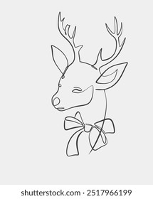 A simple one-line drawing of a Christmas deer with antlers, adorned with a decorative bow, showcasing a minimalist style.