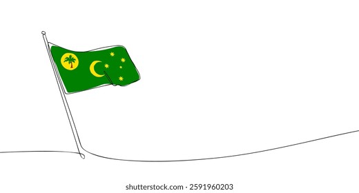 Simple one-line drawing of the Cocos (Keeling) Islands flag waving on a pole, featuring a green background with yellow symbols of a palm tree, crescent moon, and stars.  
