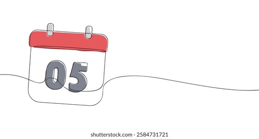 Simple one-line drawing of a desk calendar displaying fifth day of the month. The minimalistic design represents new beginnings, celebrations, and planning. Vector illustration.