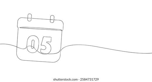 Simple one-line drawing of a desk calendar displaying fifth day of the month. The minimalistic design represents new beginnings, celebrations, and planning. Vector illustration.