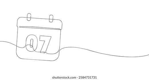 Simple one-line drawing of a desk calendar displaying seventh day of the month. The minimalistic design represents new beginnings, celebrations, and planning. Vector illustration.