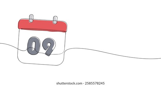 Simple one-line drawing of a desk calendar displaying ninth day of the month. The minimalistic design represents new beginnings, celebrations, and planning. Vector illustration.