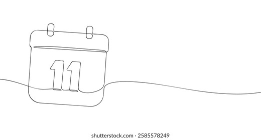 Simple one-line drawing of a desk calendar displaying eleventh day of the month. The minimalistic design represents new beginnings, celebrations, and planning. Vector illustration.