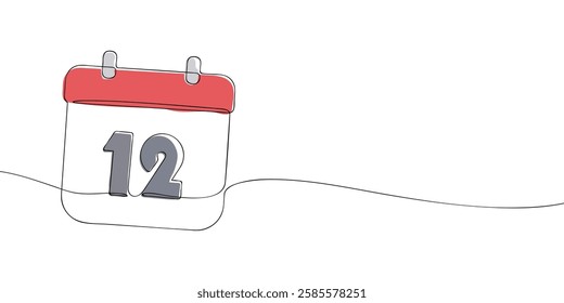 Simple one-line drawing of a desk calendar displaying twelfth day of the month. The minimalistic design represents new beginnings, celebrations, and planning. Vector illustration.