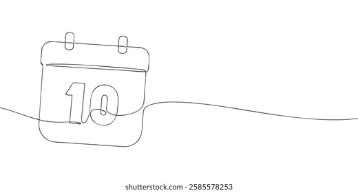 Simple one-line drawing of a desk calendar displaying tenth day of the month. The minimalistic design represents new beginnings, celebrations, and planning. Vector illustration.