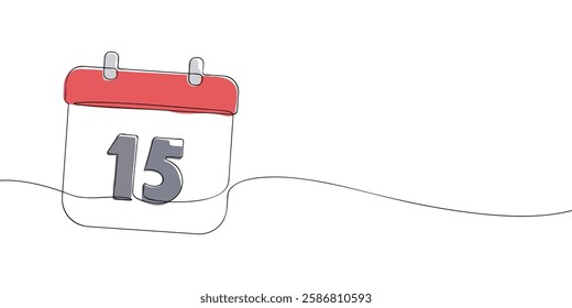 Simple one-line drawing of a desk calendar displaying fifteenth day of the month. The minimalistic design represents new beginnings, celebrations, and planning. Vector illustration.
