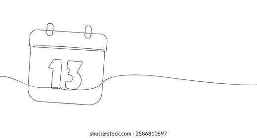 Simple one-line drawing of a desk calendar displaying thirteenth day of the month. The minimalistic design represents new beginnings, celebrations, and planning. Vector illustration.